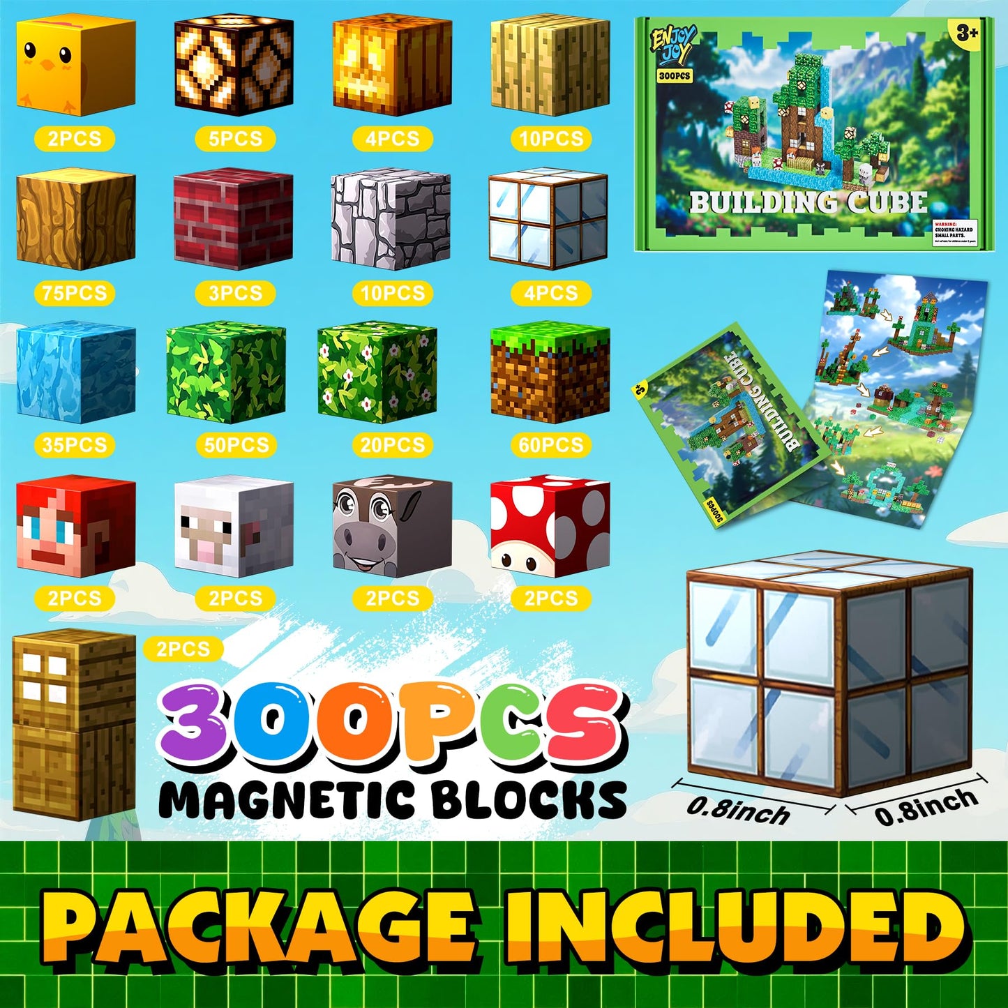 Enjoyjoy 300 PCS Magnetic Building Blocks Magnetic Blocks for Kids Ages 3-12 Stacking Magnets Cubes School STEM Toys