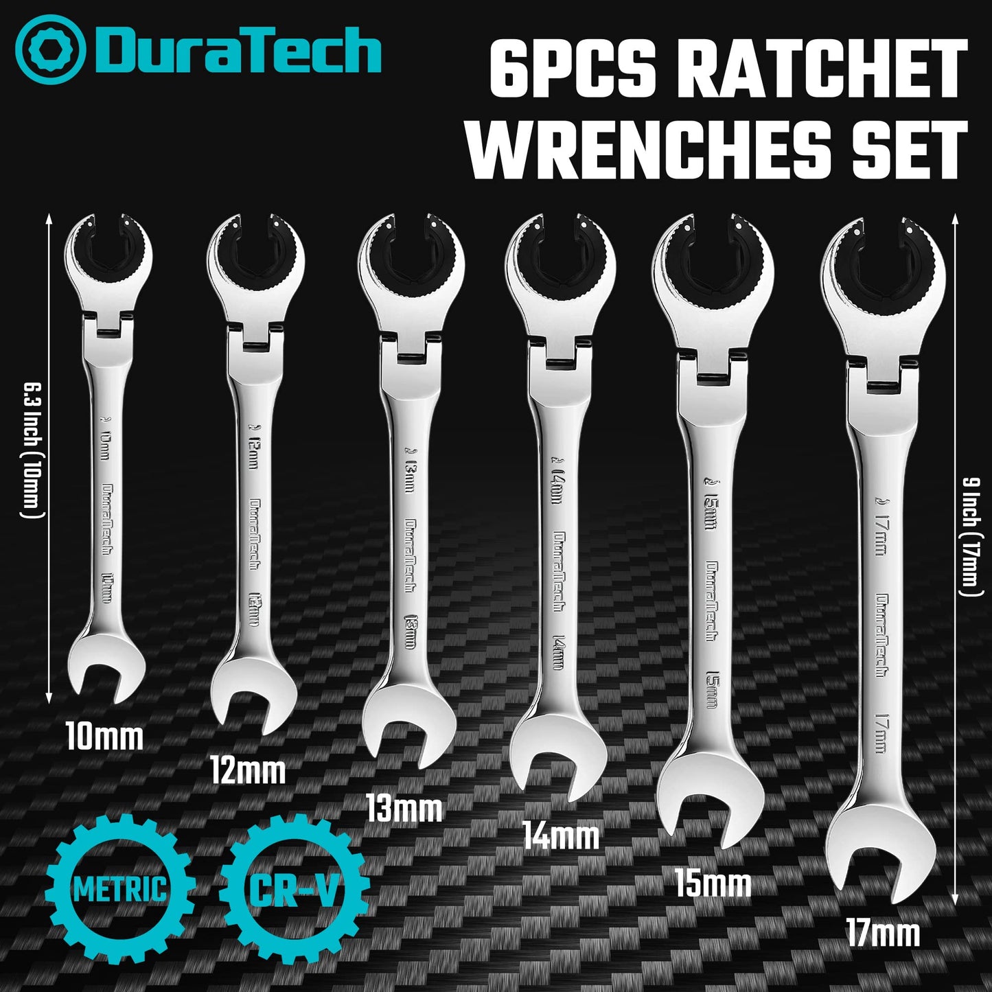 DURATECH 6-Piece Ratcheting Wrench Set with Open Flex-head, Metric Ratcheting Tubing Wrench Set, 10-17mm, 72-Tooth Gear, CR-V Steel, with Organizer Bag, Gifts for Men