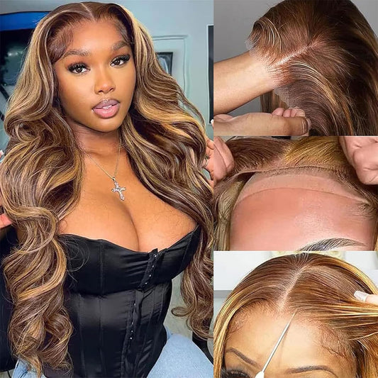 28 Inch Wear and Go Glueless Wigs Human Hair Pre Plucked Pre Cut For Beginners 200% Density Highlight Ombre Body Wave Lace Front Wig Human Hair P4/27 5x5 HD Transparent Lace Frontal Wigs for Women