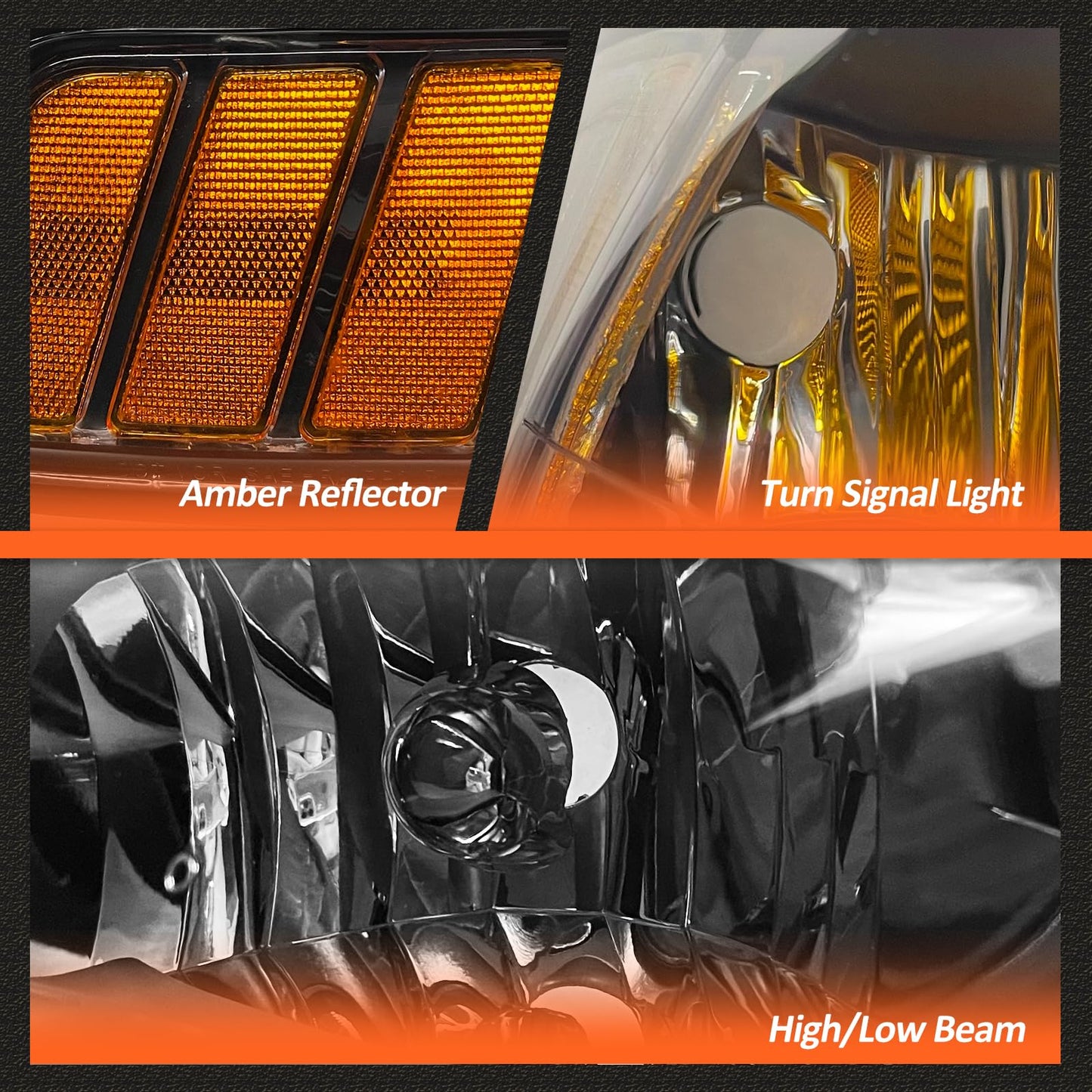 1999-2004 Mustang Headlight Assembly for 1999 2000 2001 2002 2003 2004 Ford Mustang with Black Housing Amber Reflector Clear Lens Pair Driver and Passenger Side(not projector headlights)