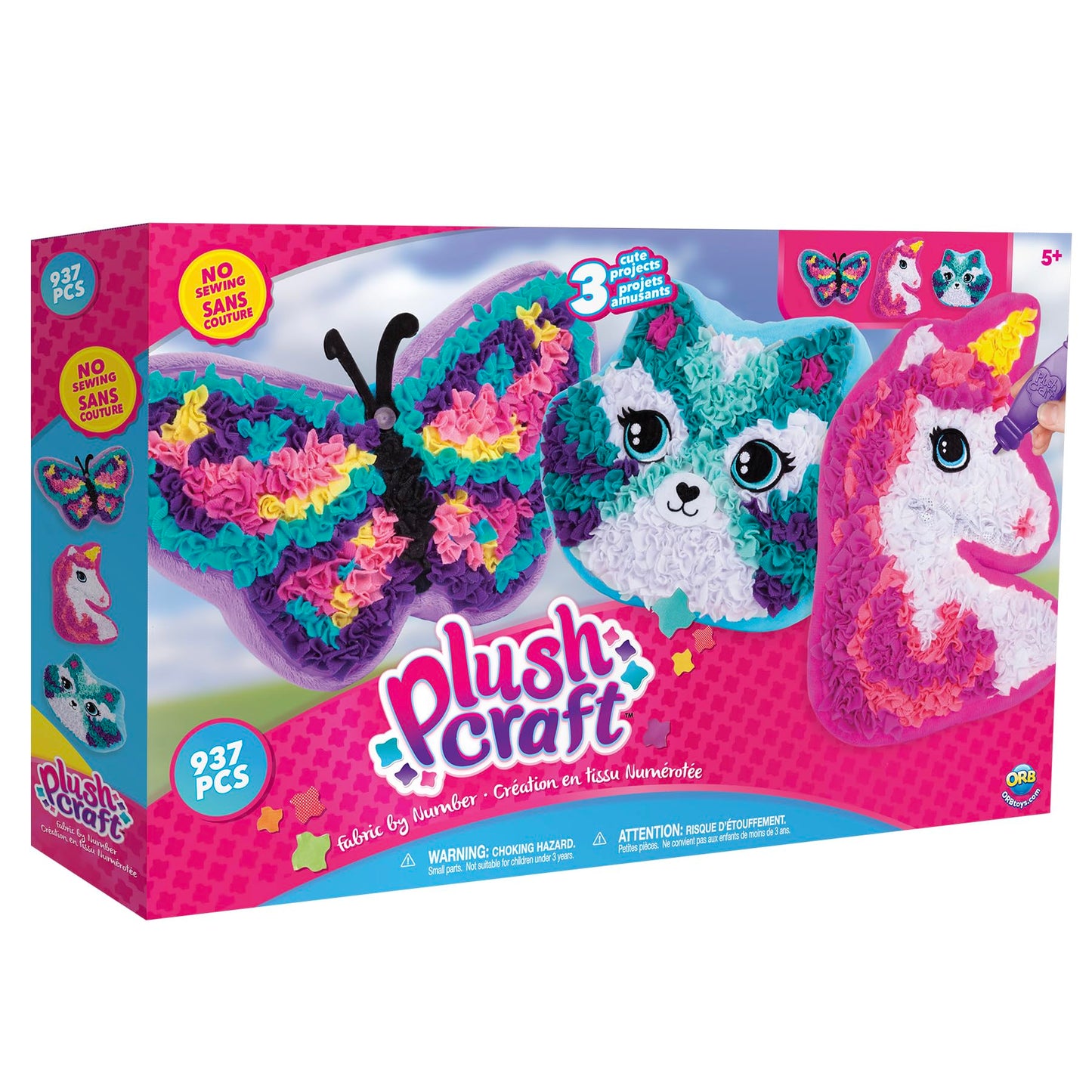 ORB PlushCraft DIY Unicorn, Butterfly, Cat Pillow Gift Set 3 Pack Craft Kit - Mess Free Punch Fabric By Number System, No Sewing Required - Includes 3 Fun Pillow Craft Projects for Boys and Girls