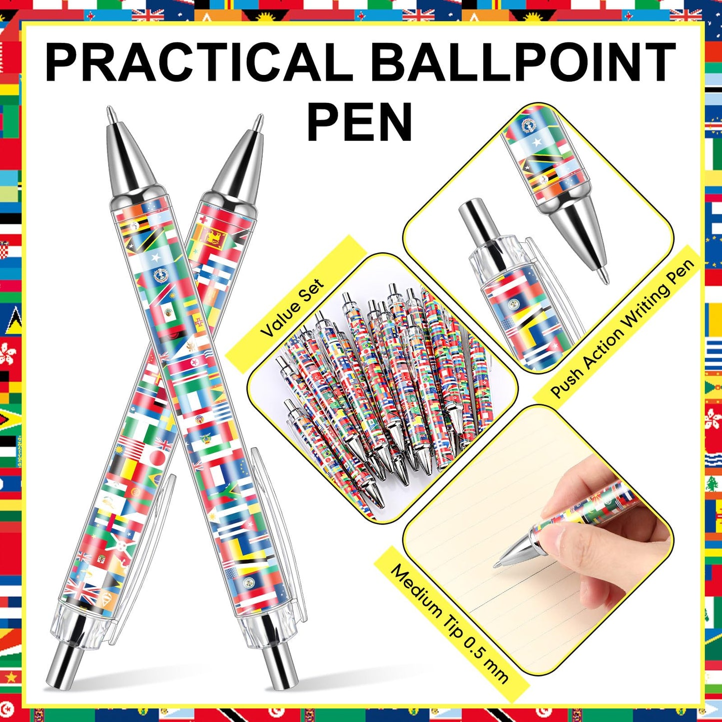 Janlaugh 50 Pcs 2026 Soccer International Flag Pens Around The World Party Favors Multicultural Country Flags Ballpoint Pens Bulk Gifts for Students School Classroom Employees Coworkers Team Staff