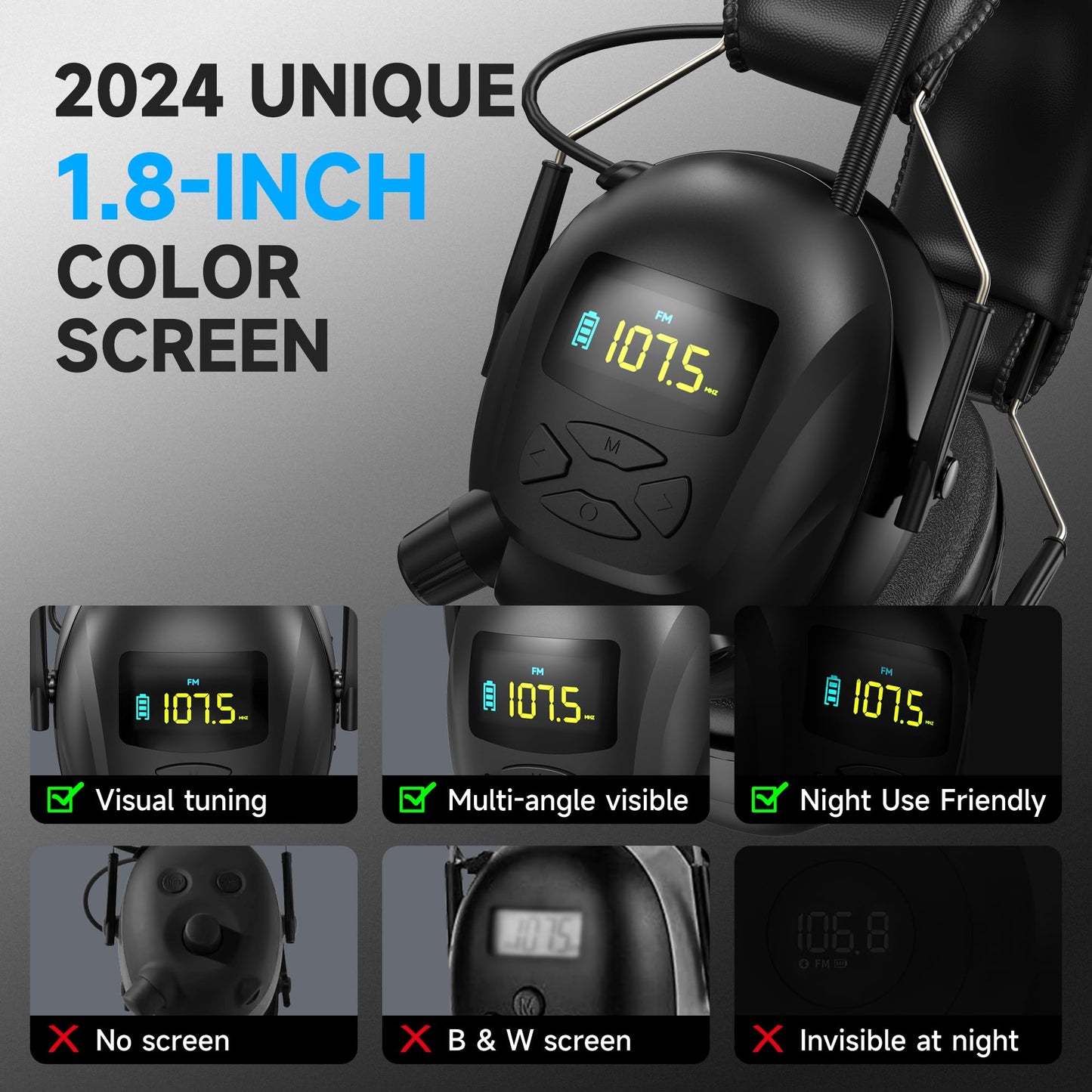 2025 Bluetooth 5.4 AM/FM Radio Ear Protection Headphones with Backlit Digital Display/Mic, 120H Working Time, Rechargeable, 30dB Noise Reduction Safety Earmuffs for Lawn Mowing, Workshop - Black