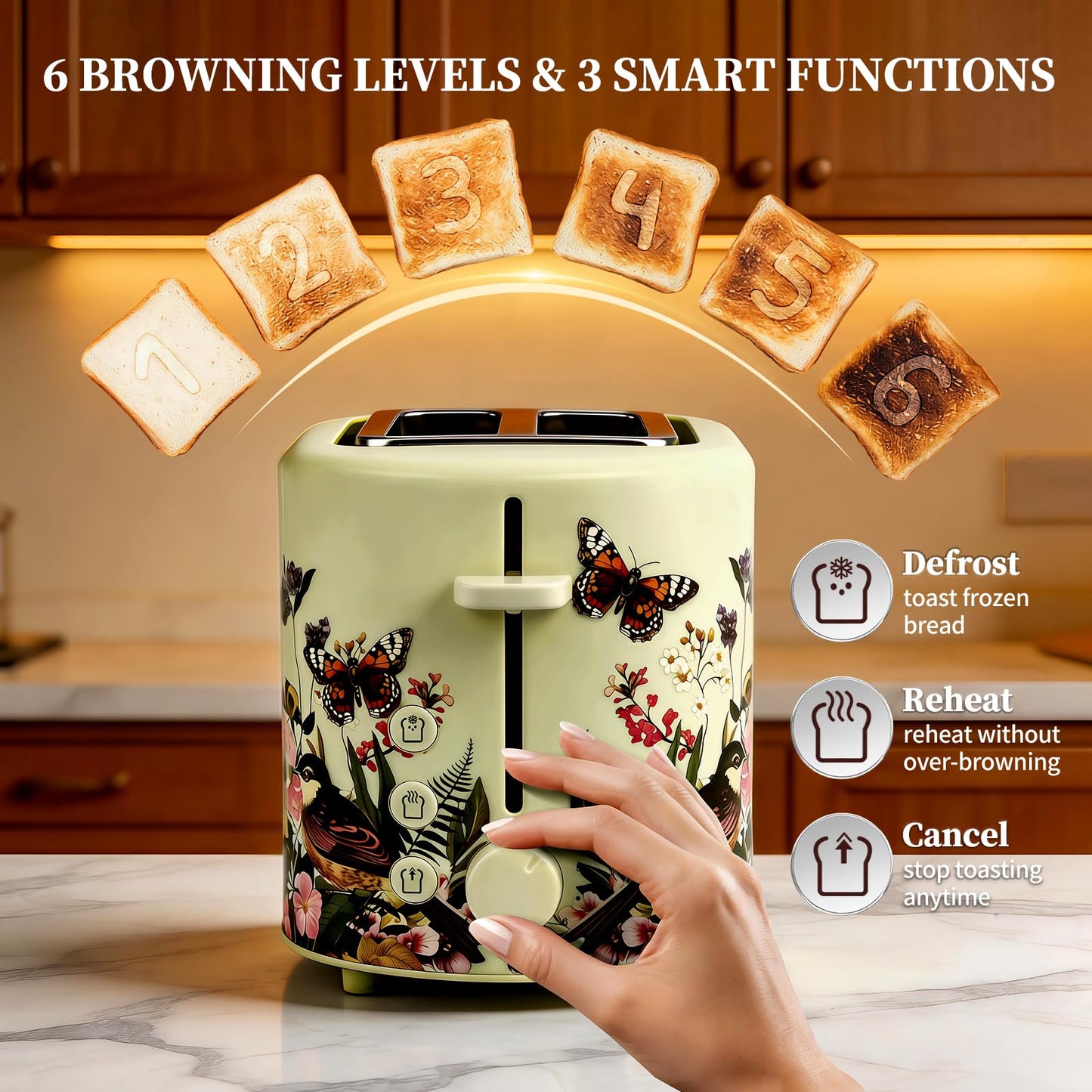INFOOD Retro Toaster 2 Slice - 6 Toast Settings, Cancel/Defrost/Reheat Buttons, Built-in Warming Rack & Removable Crumb Tray, 1.5 Inches Extra Wide Slots, 750W, Floral Design