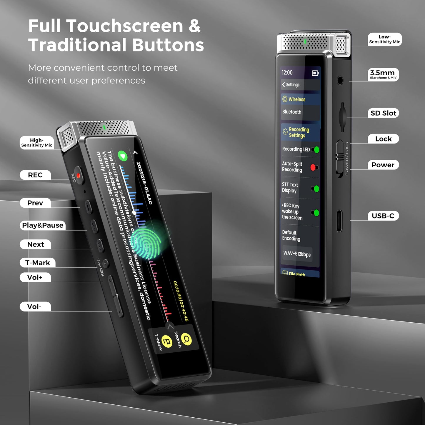 72GB Digital Voice Recorder with Playback, Innioasis R1 Full Touchscreen Voice Recorder with AI Intelligent Transcription and Bluetooth, Voice Activated Sound Audio Recorder Device with Mic (Black)