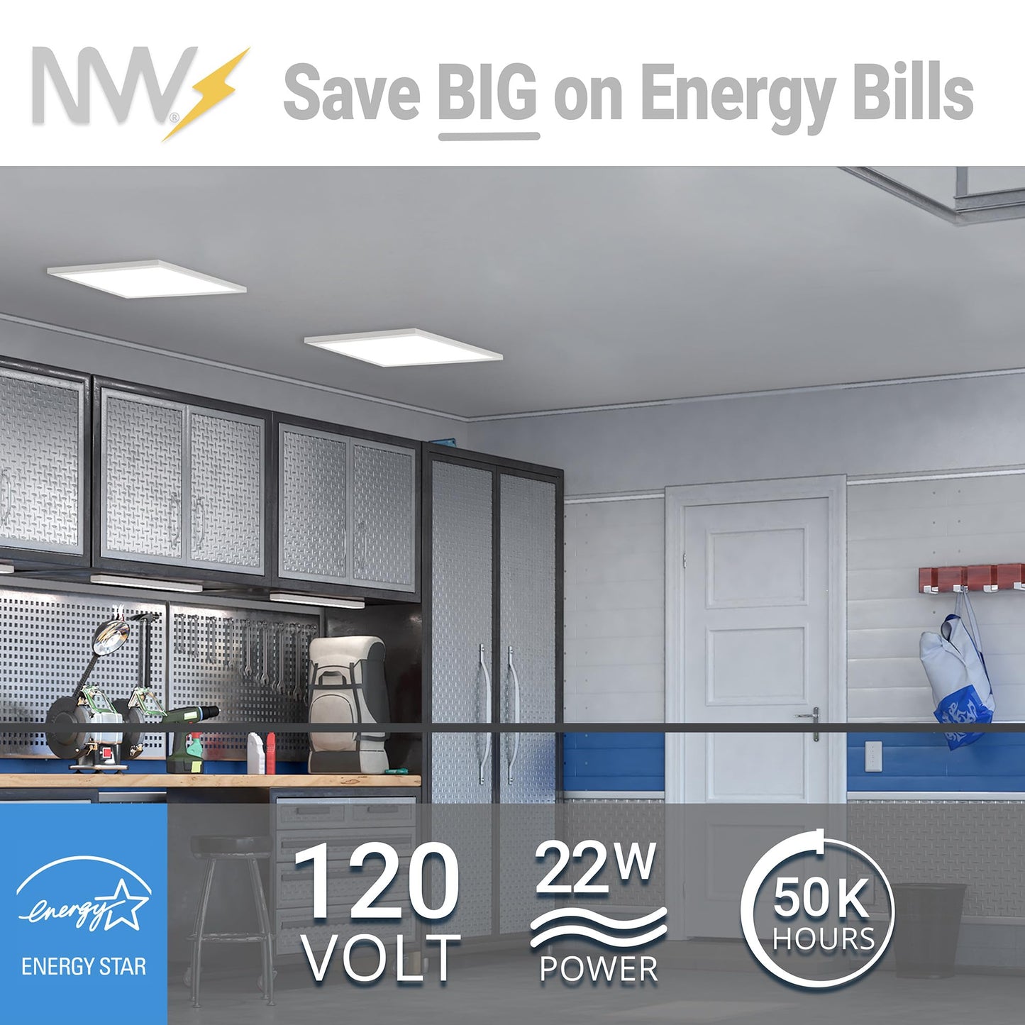 NUWATT 1x2 FT LED Surface Mount Panel, 5CCT 2700K/3000K/3500K/4000K/5000K Selectable, 2000LM, 22W, Internal Driver, Dimmable, 120V, CRI90, 1FT x 2FT Flush Mount Ceiling Light, 1" Inch Thick Black Trim