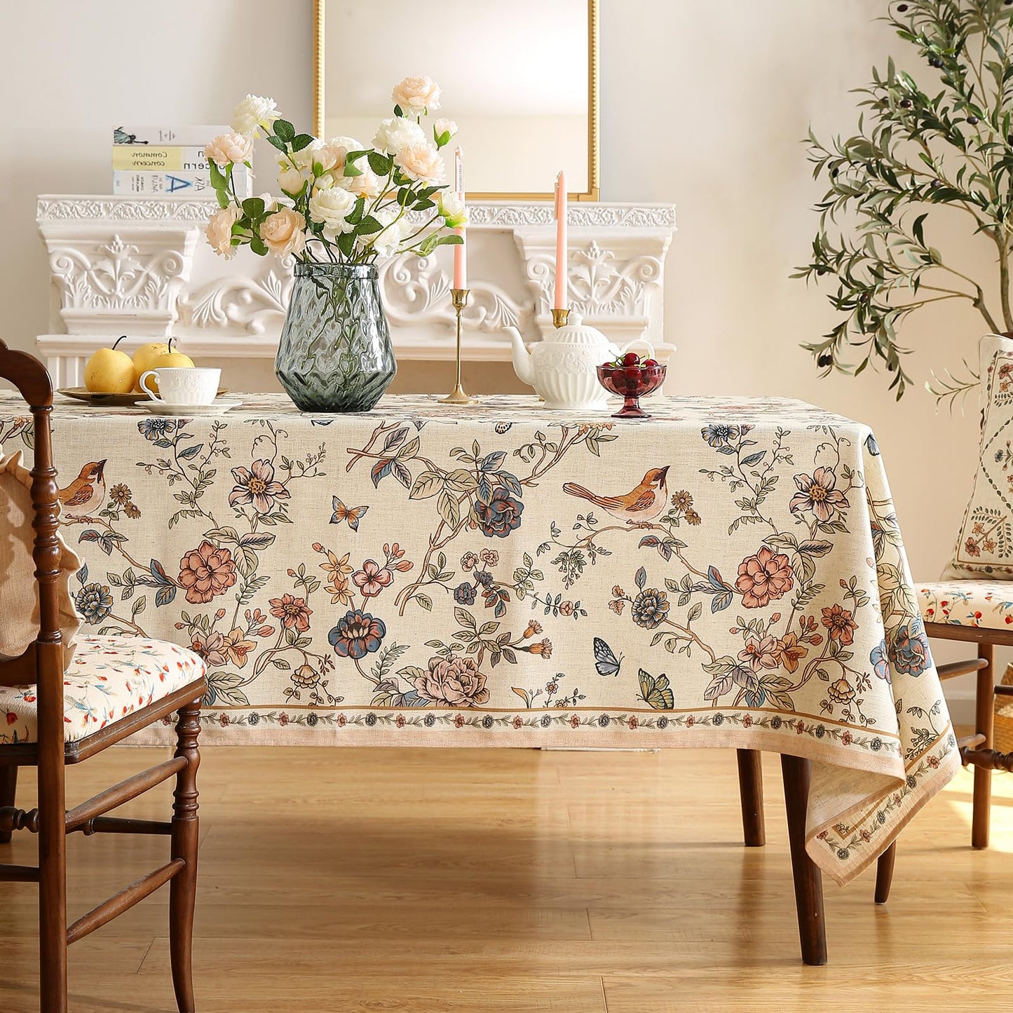 ISAENNE French Tablecloth for Rectangle Tables,Linen Table Cloth with Flowers and Birds Pattern,Heavy Durable Table Cover for Dining Thanksgiving Kitchen Decor Party Banquet Christmas,63"*110"