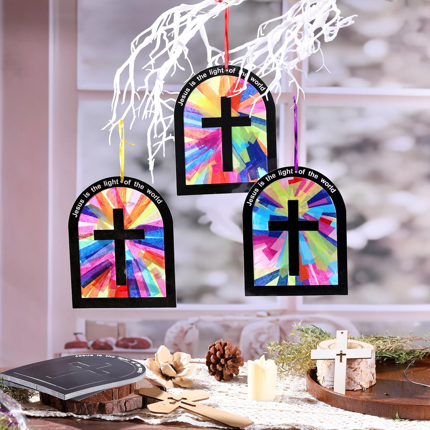 Motipuns 32 Sets Christian Tissue Paper Cross Craft Kit for Kids Jesus is The Light of The World DIY Religious Art Activity for Sunday School VBS Easter Church Decoration Bulk Pack