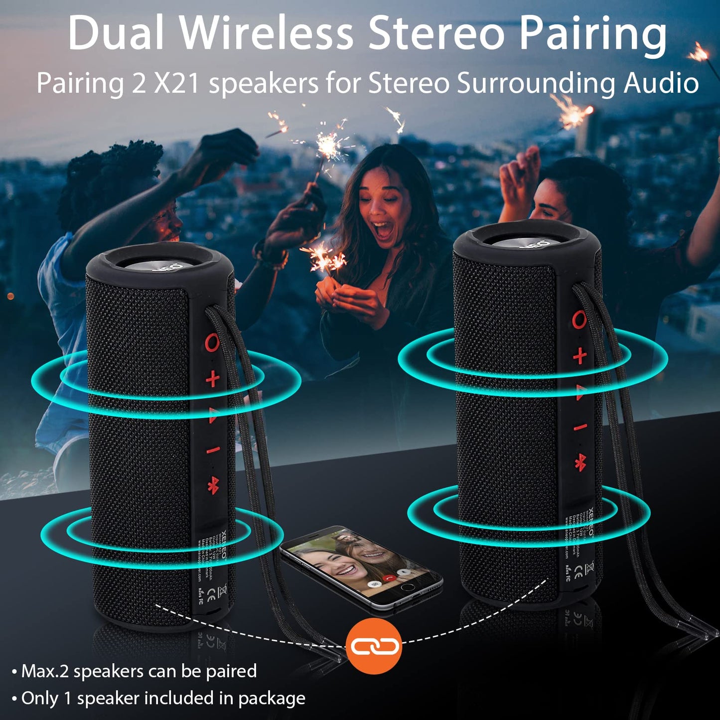 XENEO X21 Portable Outdoor Wireless Bluetooth Speaker Waterproof with FM Radio, Micro SD Card Slot, AUX for Shower - Hard Travel Case Included