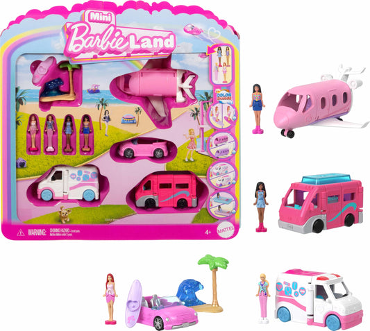 Barbie Mini Barbie Land 4-Pack Doll & Toy Vehicle Set with 4 1.5-inch Barbie Dolls & 4 Iconic Toy Vehicles with Color-Change Surprise