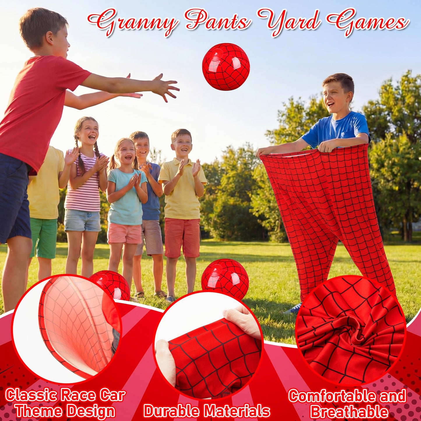 Leitee 2 Pcs Granny Pants Yard Games Spider Web Granny Pant Outdoor Party Games Giant Outdoor Game with 2 Oversized Pants & 10 Bouncy Balls for Kids Family Group Backyard Party Reunion Gathering