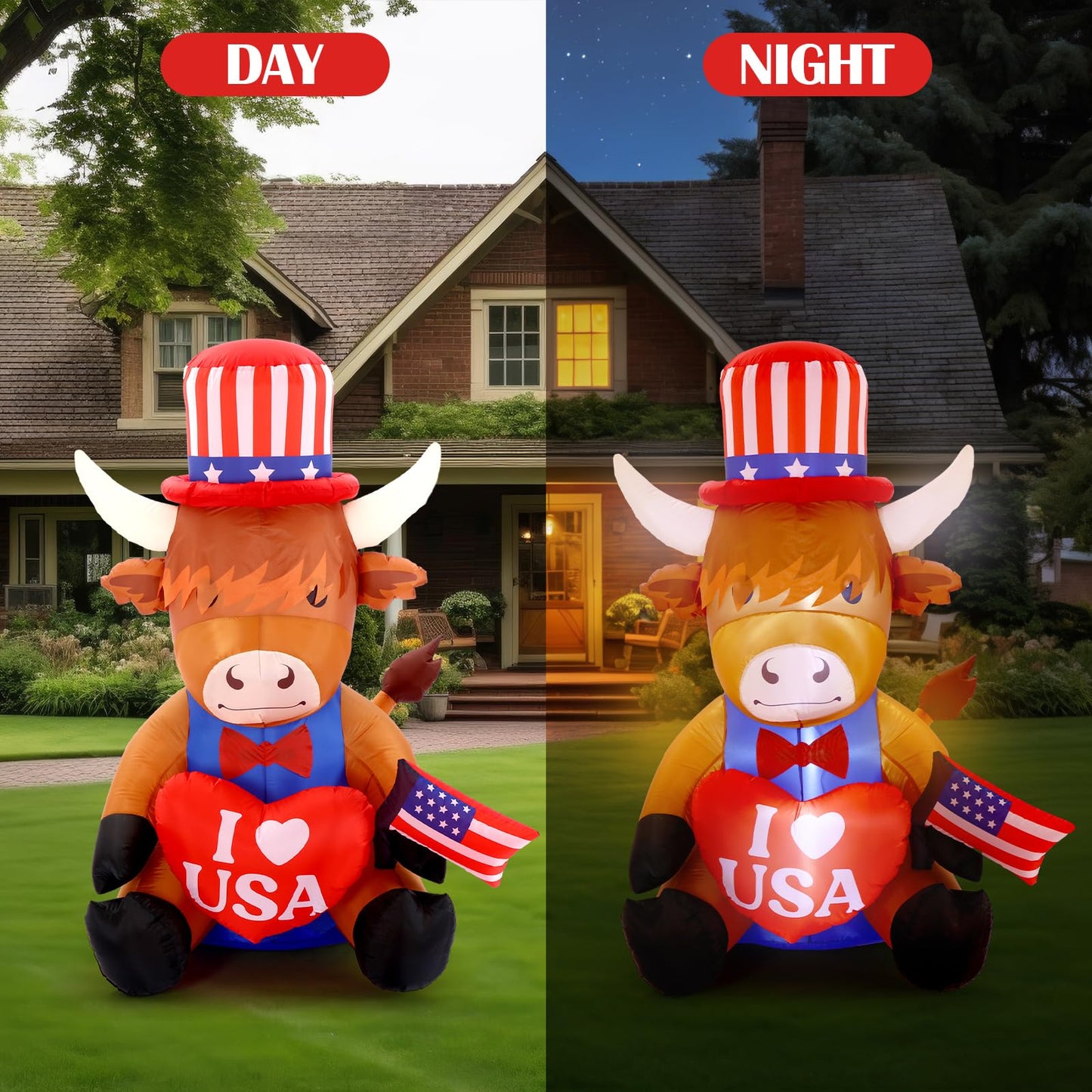 Sosation 5ft USA Patriotic Inflatable Highland Cow 250th Anniversary with LED Lights Memorial Day Red White Blue Blow up Lighted Yard Decor for 4th of July Holiday Indoor Outdoor Lawn Garden Party