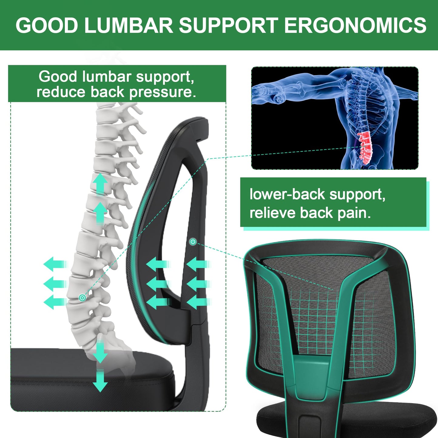 Swivel Armless Desk Office Chair Without Arms Adjustable Height and Lumbar Support for Home