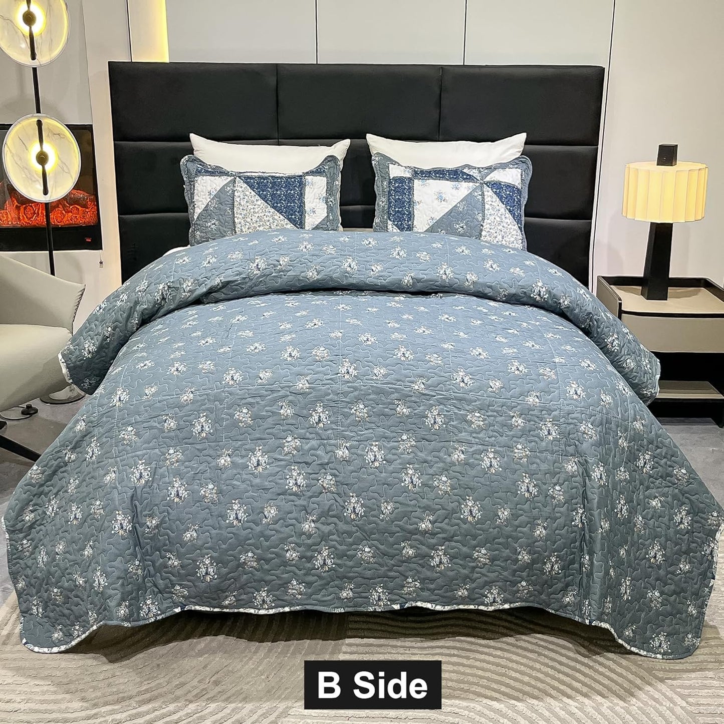 Oversized King Size Grey Floral Plaid Patchwork Quilt Set 128x120 Extra Wide Super King Size Rversible Quilted Bedspread Coverlet Set 3-Piece Comforter Bedding Set Bed Cover with 2 Pillow Shams