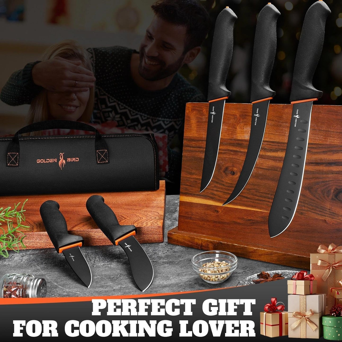 Golden Bird Butcher Knife Set - Non-slip Skinning Knife Set with Roll Bag, Professional Game Processing Knives Sets - Butcher & Skinning Boning Knives with German Stainless Steel, Gift for Men