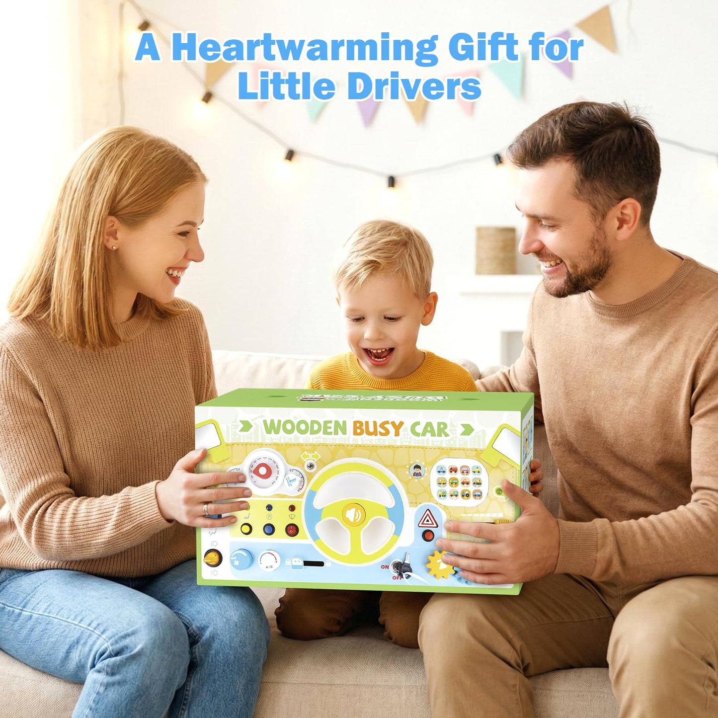 Montessori Wooden Steering Wheel Toy for Toddlers & Kids, Interactive Pretend Driving Dashboard Busy Board with 12 Cars Sounds & Lights, Preschool Learning Sensory Educational Toy, Gift for Boys Girls