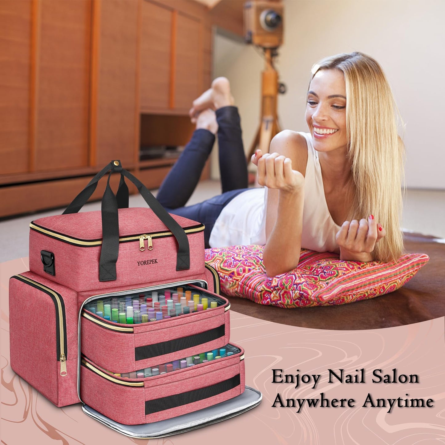 YOREPEK Nail Polish Organizer Case With Foam Inserts Protect Up 96 to 100+ Bottles (15ml/0.5 fl.oz) UV lamp, Travel Nail Tech Carrying Case with Adjustable Space for Gel Dip Powder Tips Set, Pink
