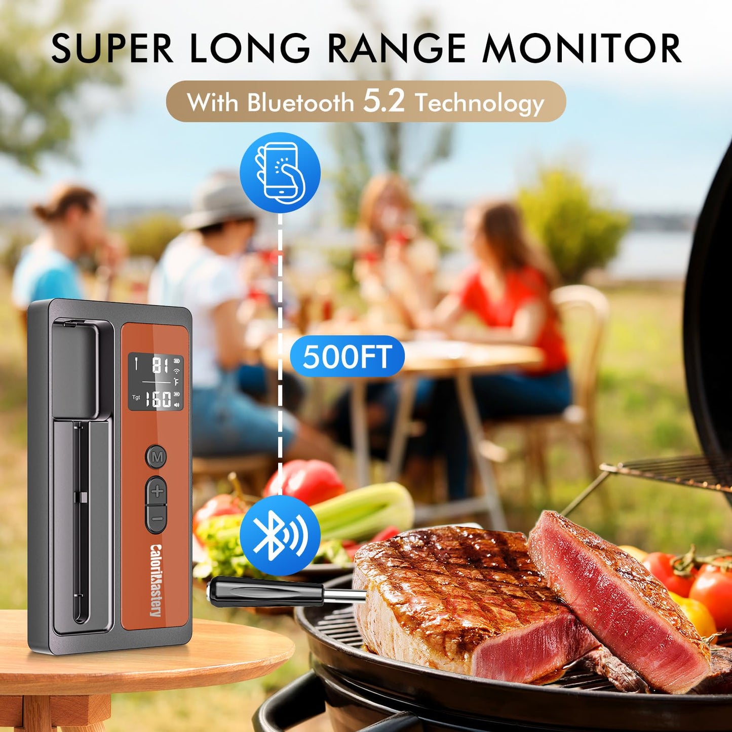 Wireless Meat Thermometer: 500FT Bluetooth Smart Meat Thermometer for Cooking and Grilling, CaloriMastery Digital Food Thermometer with Ultra-Thin Probe for Oven Safe, Kitchen, Smoker, BBQ
