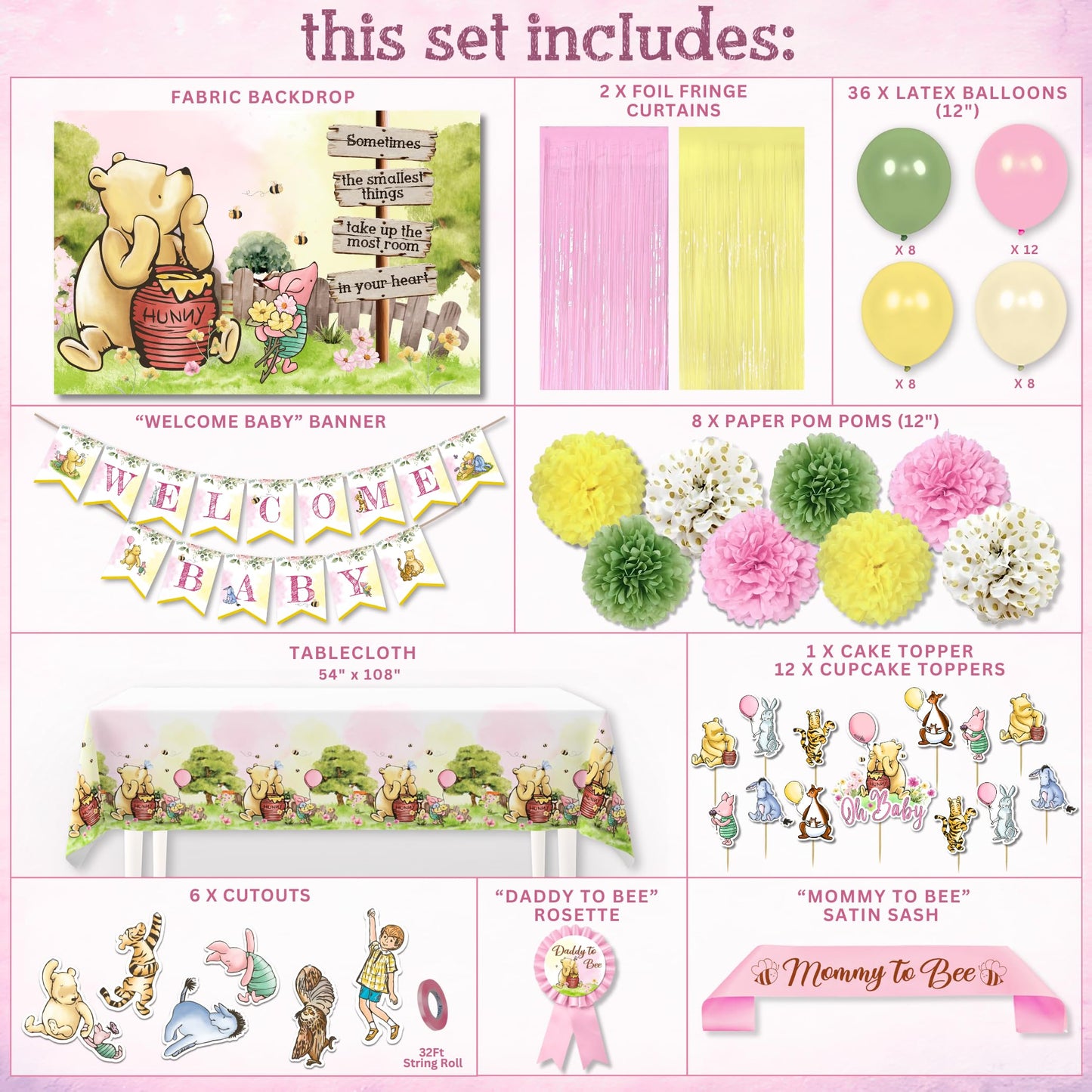 Winnie Baby Shower Decorations Pink – the Pooh Balloons, Backdrop, Welcome Baby Banner, Tablecloth, Cake Toppers, Pompoms, Sash & More – Classic Pooh Baby Shower Theme Party Decor
