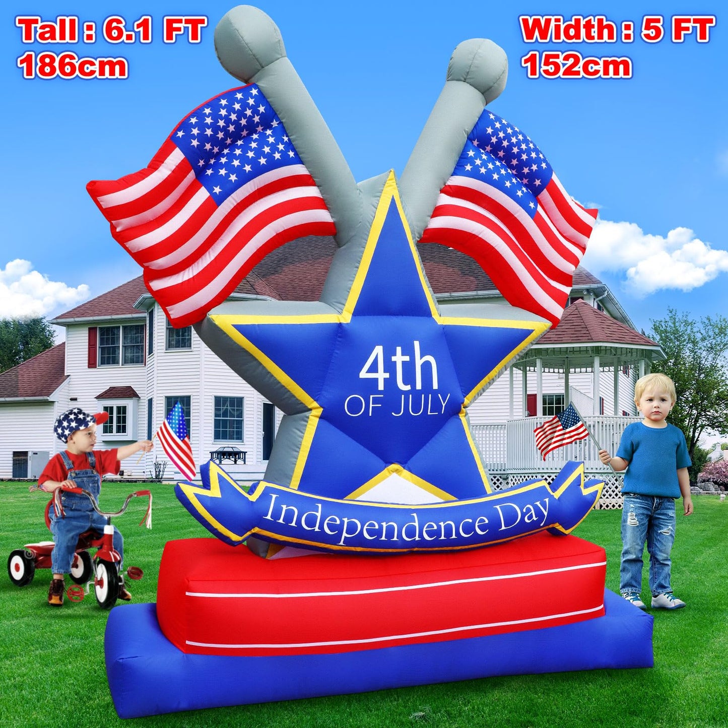 4th of July Inflatables Outdoor Decorations 6FT USA Flag Patriotic Star Blow Up Yard Decorations with LED Lights for Memorial Independence Day Fourth of July Party Lawn Garden Outside Decor