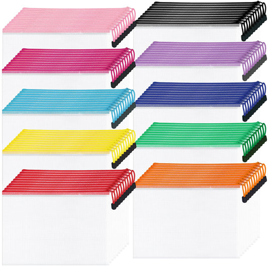Aubeco 100Pack Mesh Zipper Pouch Bags, Waterproof A4 Letter Size Document Zipper Pouches for Storage, Teacher School, Toys, Puzzle, Office, 10 Colors