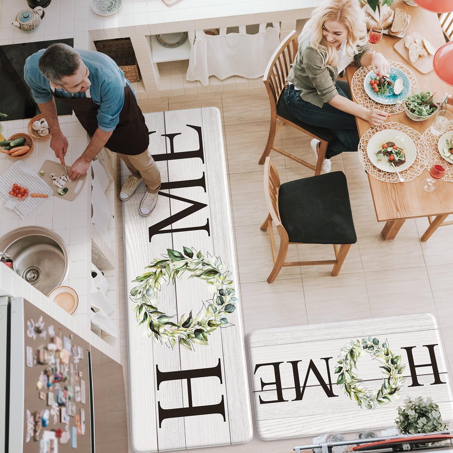 KIMODE Anti Fatigue Kitchen Rugs Sets of 2, Non Slip Waterproof Kitchen Mat, Farmhouse Kitchen Runner Rug, Ergonomic Standing Kitchen Mats for Floor 2 Piece, 20" x 59" + 20" x 32", White