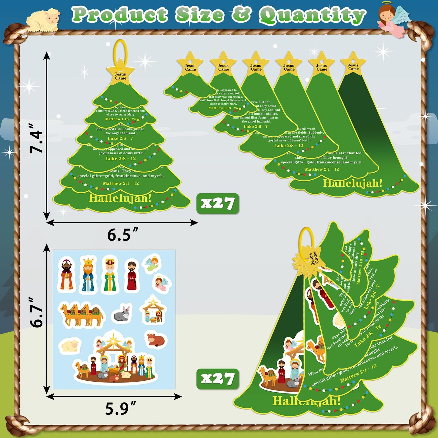 27Sets Christmas Crafts Nativity DIY Christmas Tree Stickers Play Set VBS Religious Scene Jesus Story Christian Storytelling Kit Church Decor