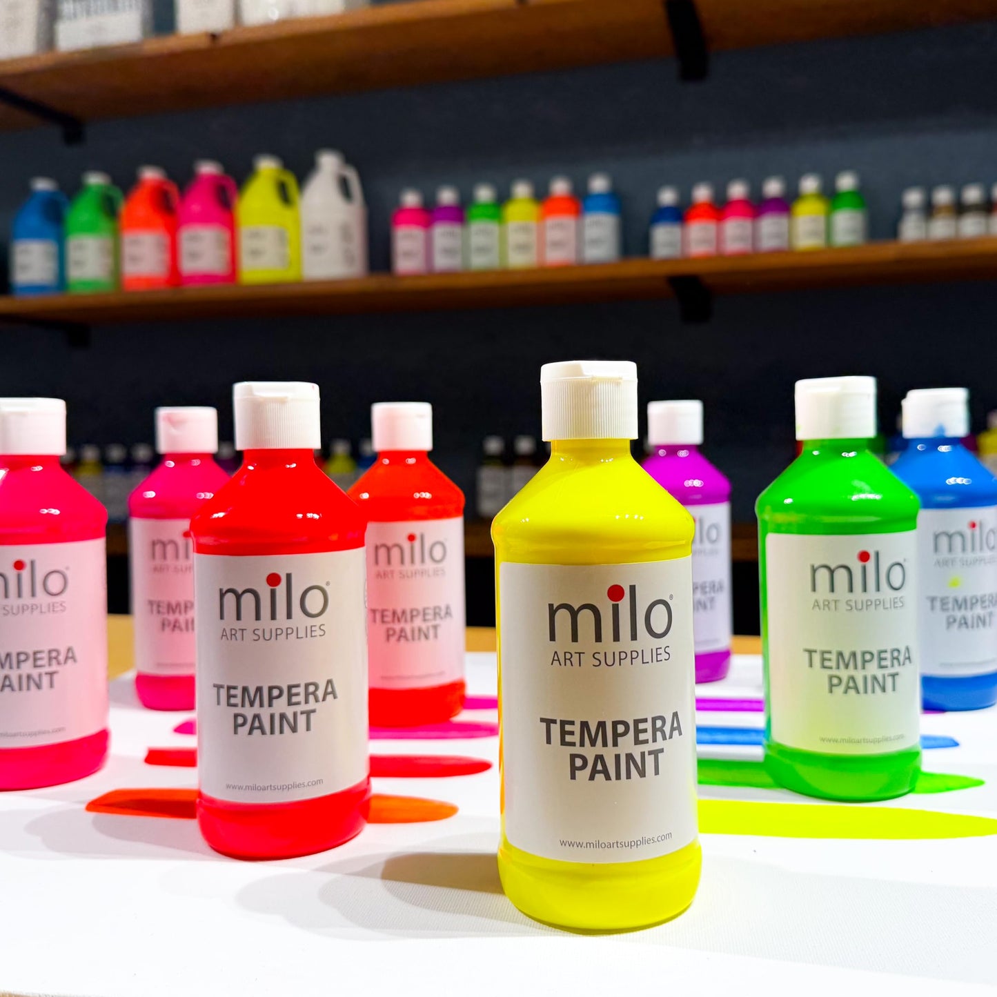milo Fluorescent Tempera Paint Set of 8 Colors | 8 oz Bottles | Made in the USA | Washable and Non-Toxic Neon Art & Craft Poster Primary Paints for Artists, Kids, & Hobby Painters, Glows UV in Black Light