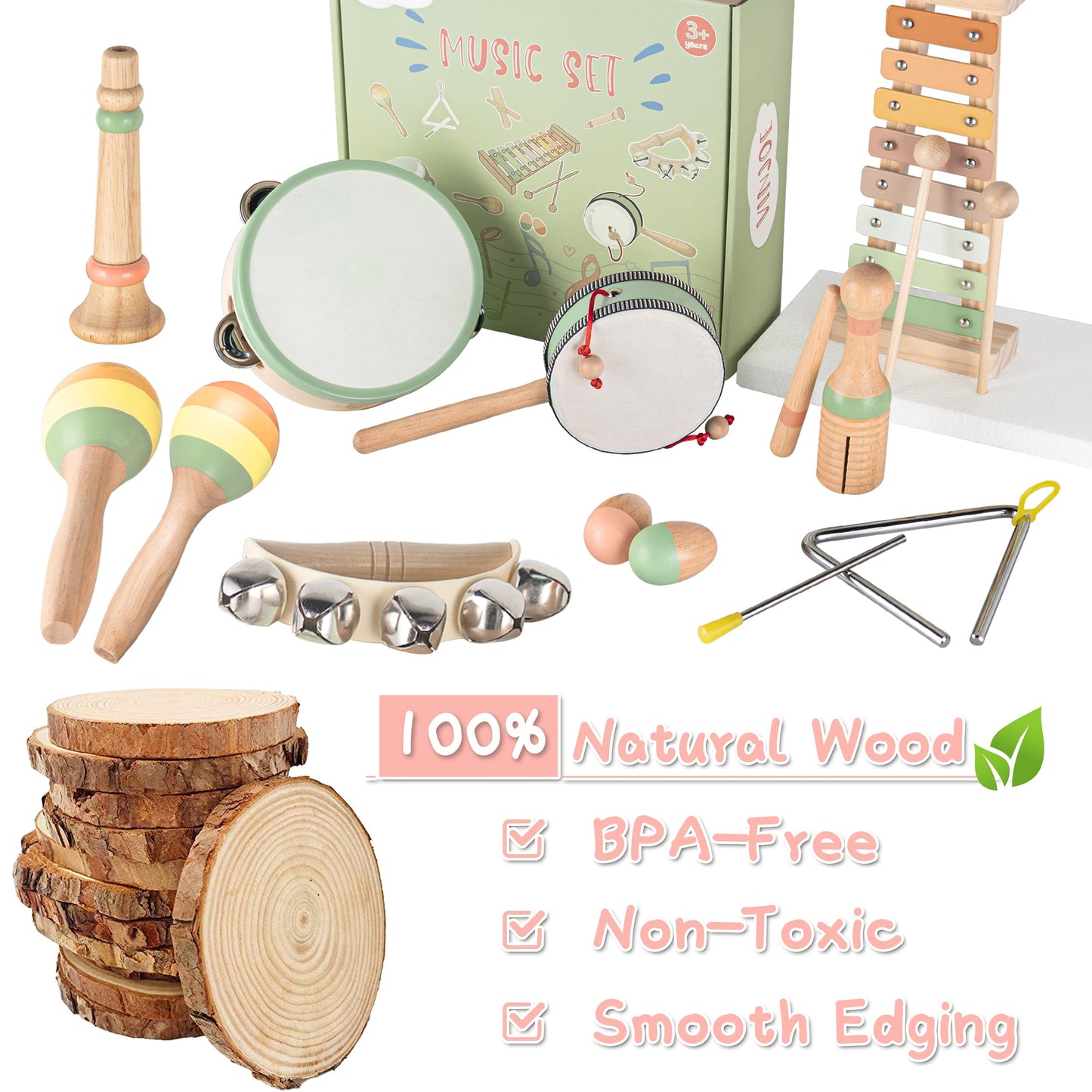 VINJOE Montessori Wooden Musical Instruments for 1-3 Years Old Kids Neutral Colors Early Learning Musical Instrument Set