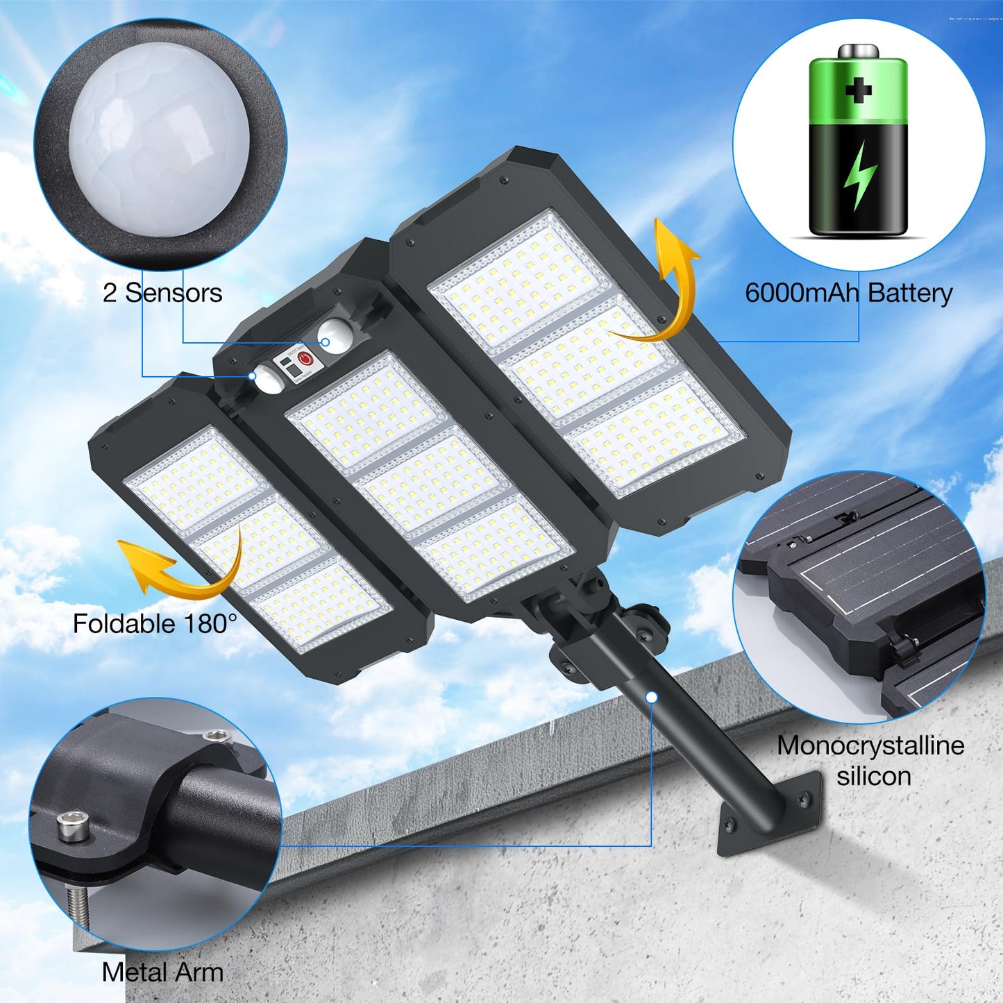 Solar Flood Lights Outdoor, 7000 LM Super Bright Aluminum Arm Solar Lights, 3 Heads Dusk to Dawn LED Dual Motion Sensor Lights, IP65 Waterproof Security Light with 3 Modes for Yard Street Barn