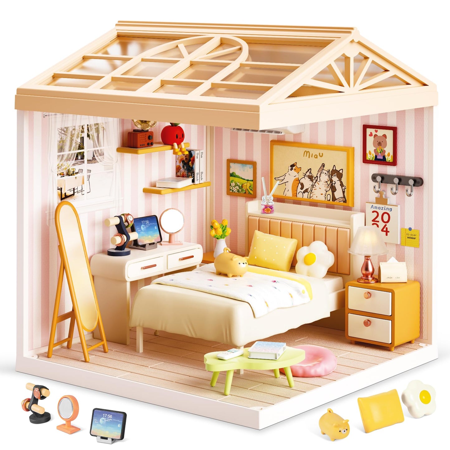 BeepZipp Cozy Bedroom DIY Miniature House Kit for Adults, 3D Dollhouse with LED Light & Dustproof Door, Stackable Connectable Display Case, Creative Gift for Home Decor Lovers Teens Women