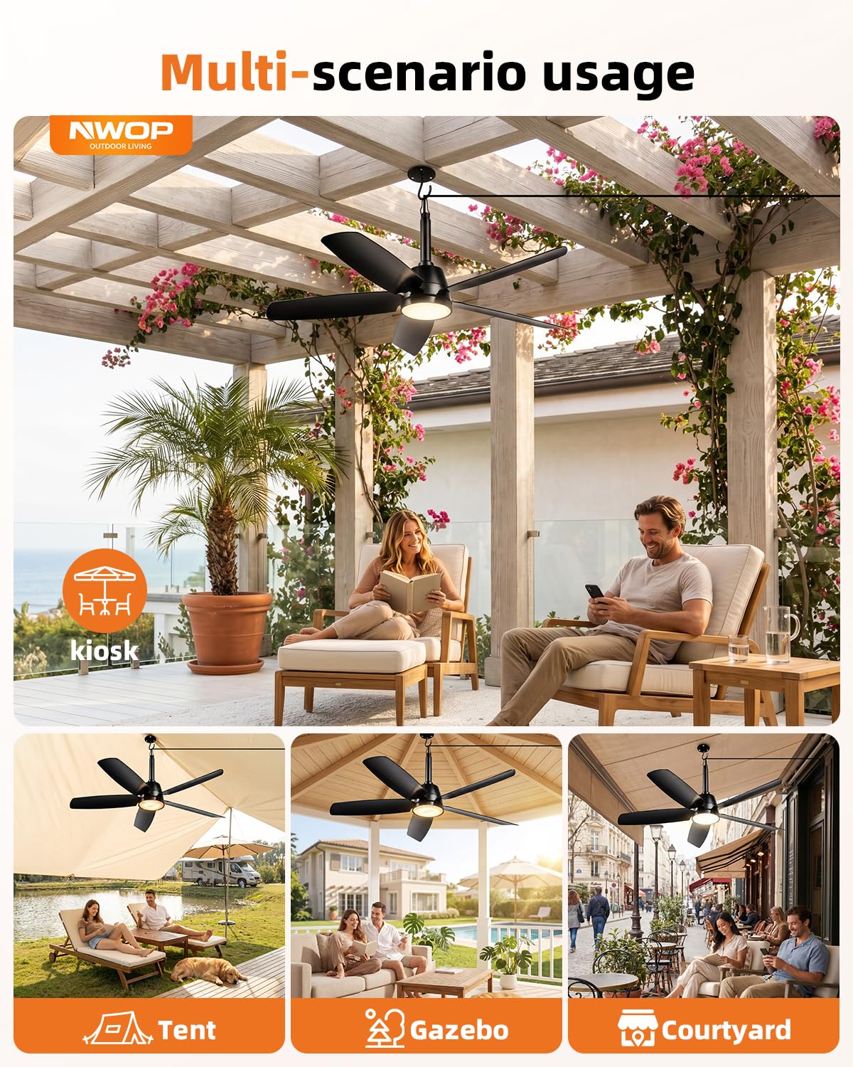 NWOP 36 Inch Plug-In Outdoor Ceiling Fan with Light and Remote, Waterproof Patio Ceiling Fan, 5 Blades Small Ceiling Fan for Porch Gazebo Pergola, Quiet Modern Ceiling Fan, Black