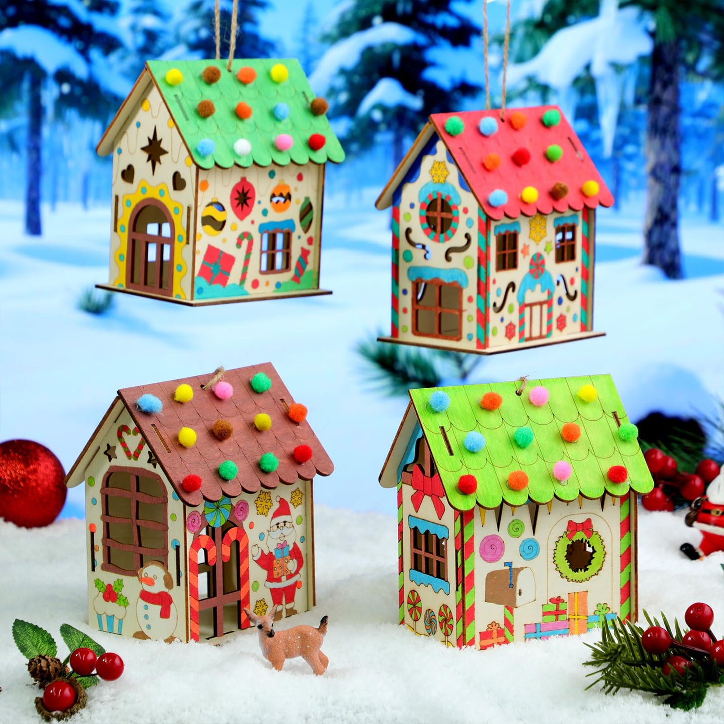 DoubleFill 36 Pcs Wood Gingerbread House Craft Kit for Kids DIY Wooden Christmas Birdhouse Craft Kits Holiday Village Houses Make a Gingerbread Wooden House for Xmas Party Game Supplies