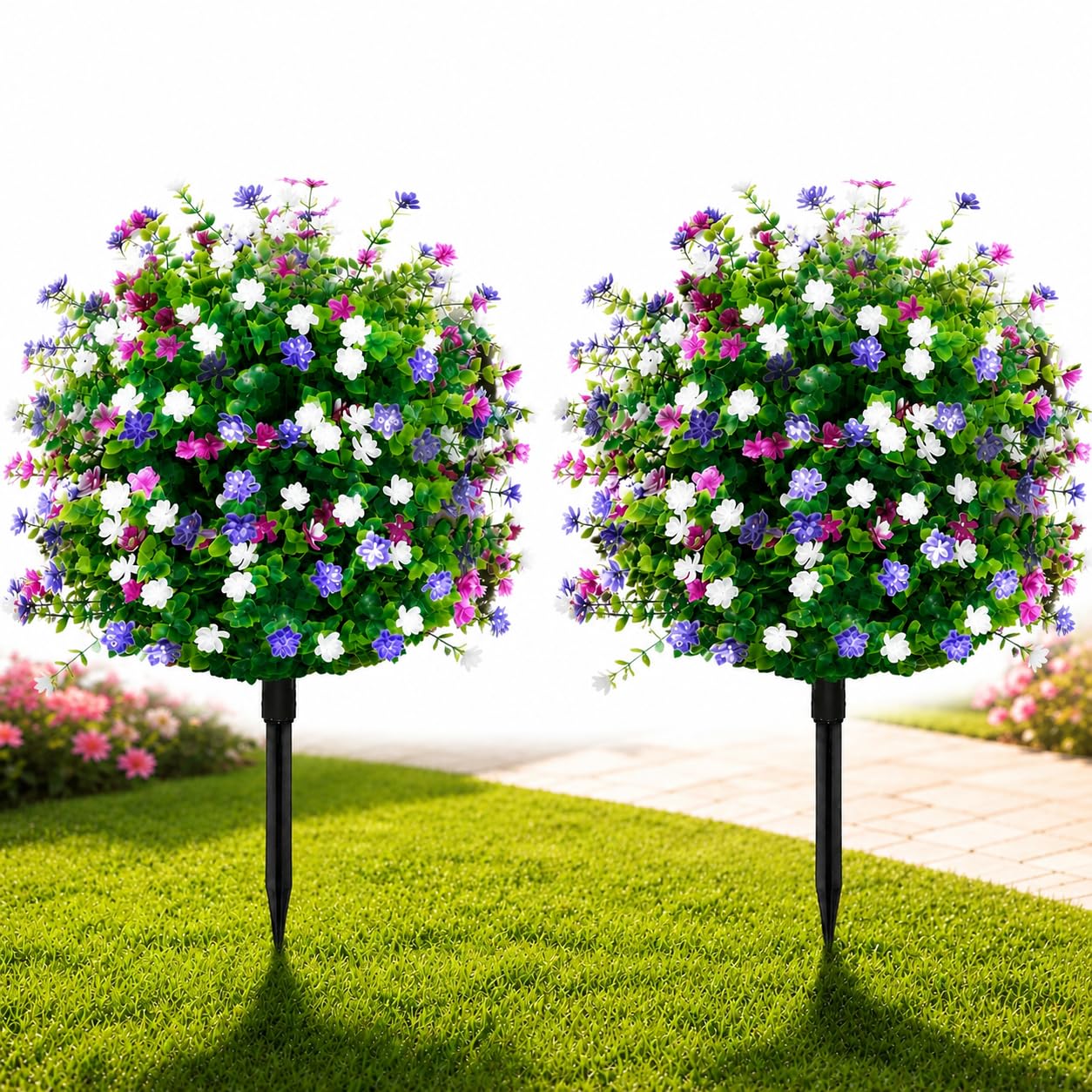 Artificial Boxwood Topiary Ball Tree Outdoor Set of 2,UV Resistant Fake Topiary Balls Flowers with Spike, Realistic Faux Shrubs Plants Bushes Greenery for Spring Porch Outdoor Planter Diameter15.8