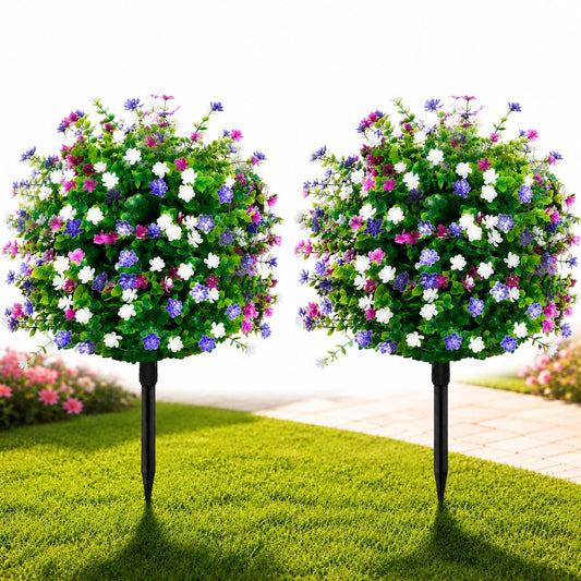 Artificial Boxwood Topiary Ball Tree Outdoor Set of 2,UV Resistant Fake Topiary Balls Flowers with Spike, Realistic Faux Shrubs Plants Bushes Greenery for Spring Porch Outdoor Planter Diameter15.8