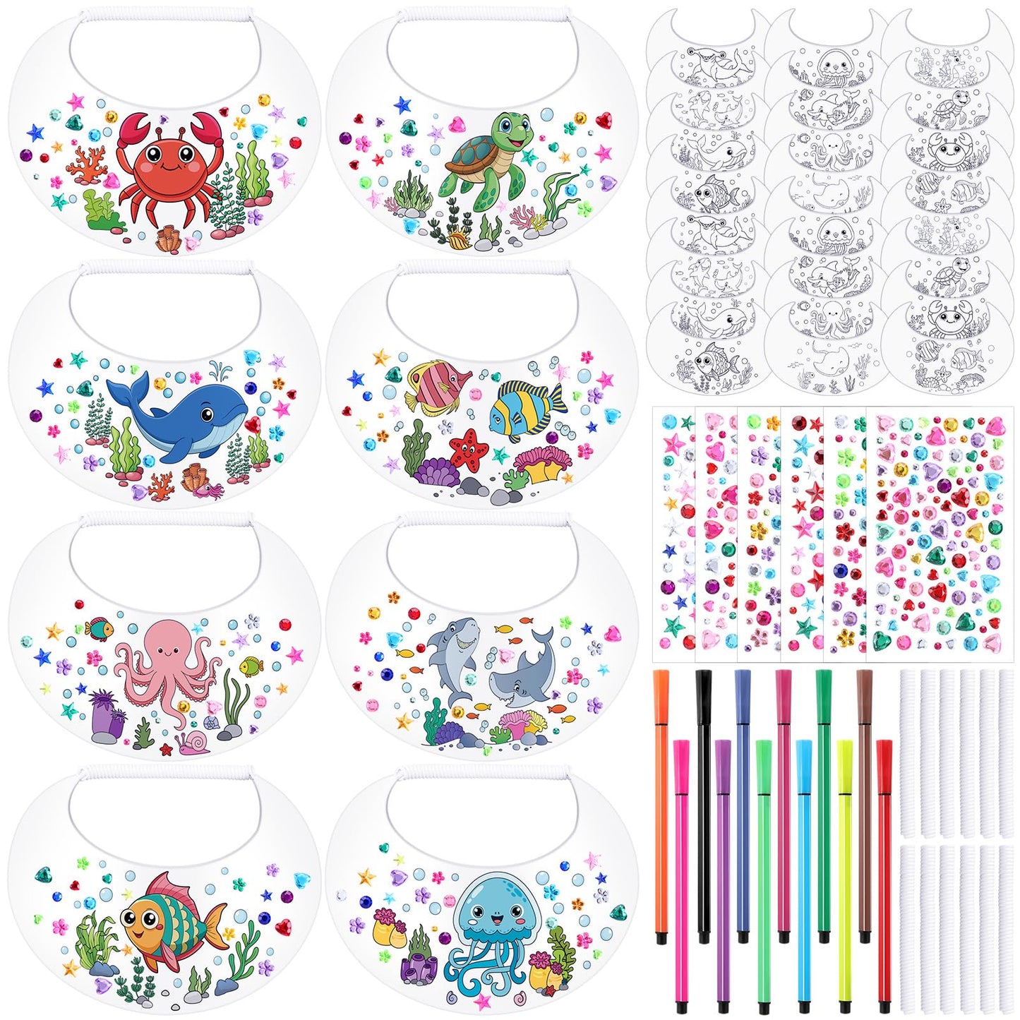 Bonuci 24 Pcs Summer Adjustable Foam Visors Bulk DIY Themed Sun Foam Visors with Markers Rhinestone Stickers Funny Elastic Summer Sun Hat for Crafts Outdoor Sports Party Camping Trips
