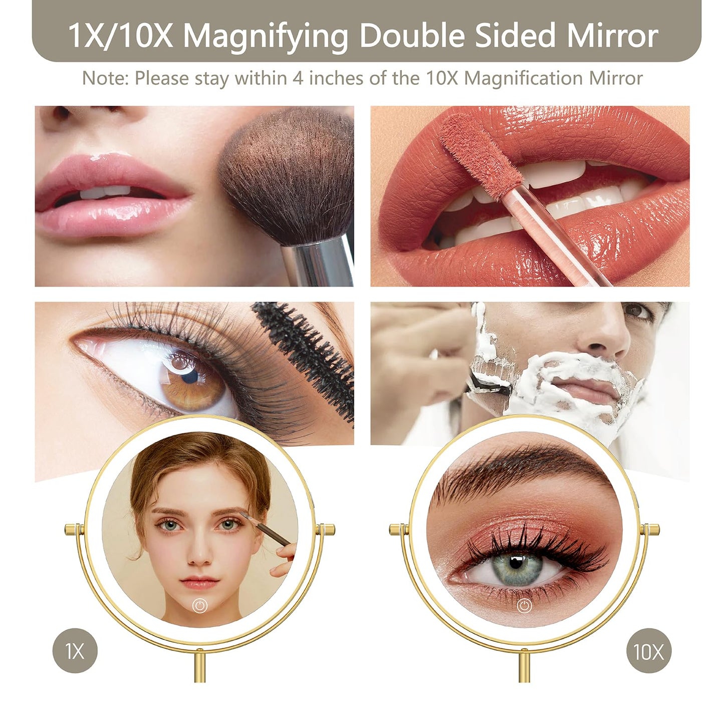 MIROAMZ 8" Lighted Makeup Mirror, 1X/10X Magnification Mirror with Lights, Double Sided Dimmable Mirror, Rechargeable & Brightness & Height Adjustable, Cordless Vanity Mirror(Gold)