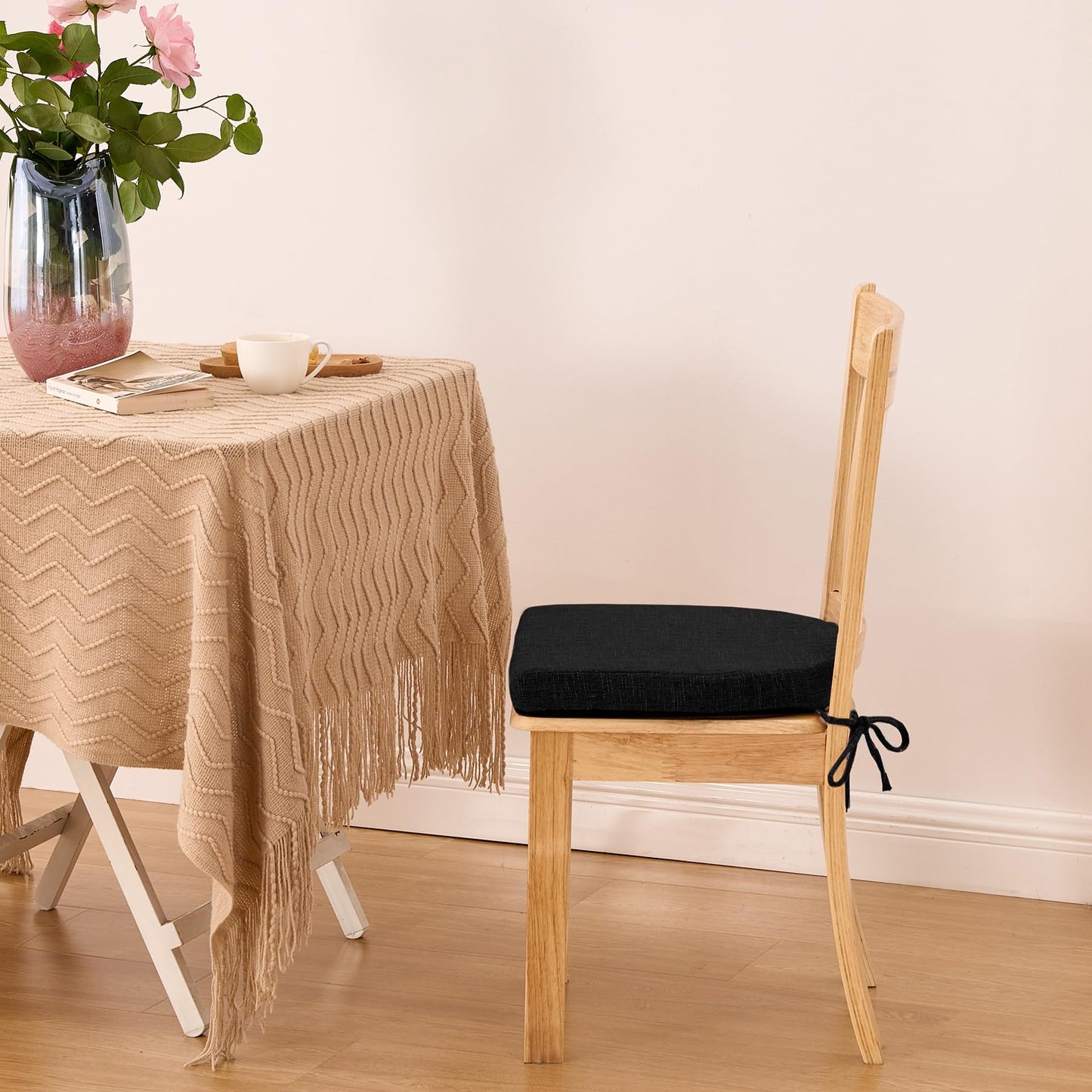 IPYNBAP Chair Cushions for Dining Chairs with Ties and Removable Cover, Dining Kitchen Chair Pads with Non-Slip Bottom, High Density Foam Indoor Seat Cushions, 16'' x 16'' x 2'', Set of 4, Black
