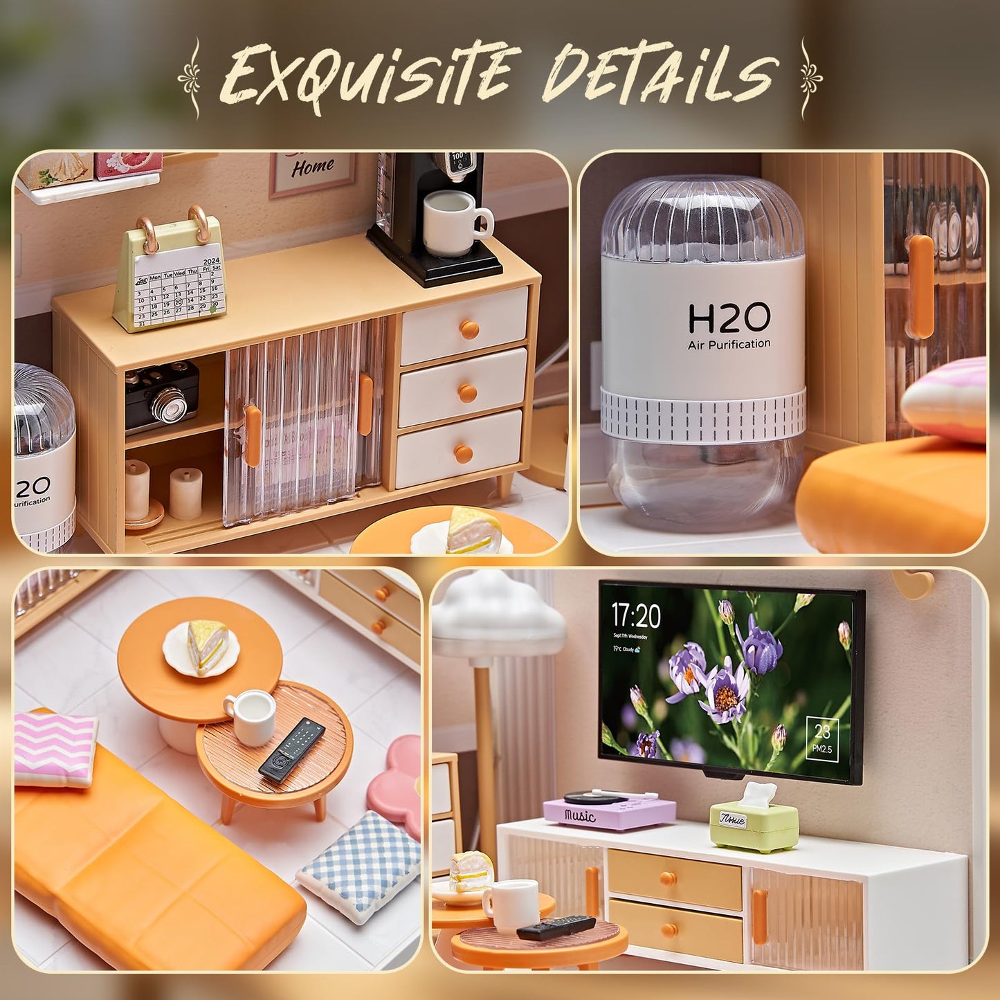 Qudify Miniature Living Room DIY Play Kit – 92Pcs 1:20 Scale Dollhouse Furniture Toy with LED Light, Modular Scene Connector & Realistic Details Tiny House for Kids 8+ and Collectors