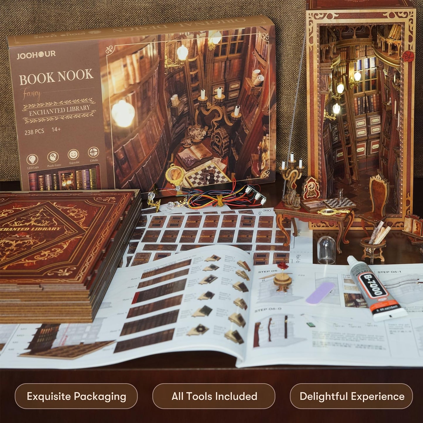 JOOHOUR DIY Book Nook Kit, Beauty and The Beast, Dollhouse Miniature, Booknook Bookshelf Insert Decor Alley 3D Wooden Puzzle, Bookends Model Building Kit with LED Light for Adults, Enchanted Library
