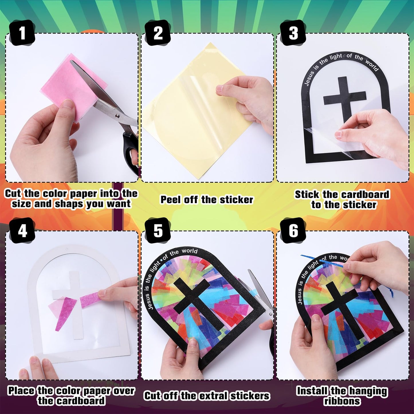 Motipuns 32 Sets Christian Tissue Paper Cross Craft Kit for Kids Jesus is The Light of The World DIY Religious Art Activity for Sunday School VBS Easter Church Decoration Bulk Pack