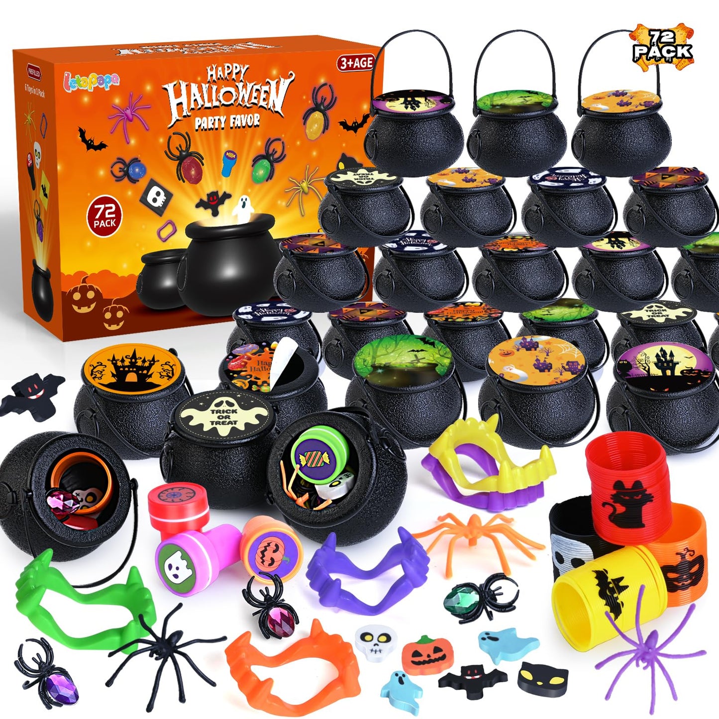 Letapapa 576 PCS Halloween Party Favors for Kids, 72 Pack Prefilled Small Plastic Witch Cauldron With Assorted Halloween Toy In Bulk, Miniatures for Kids Trick or Treat, Halloween Classroom Rewards