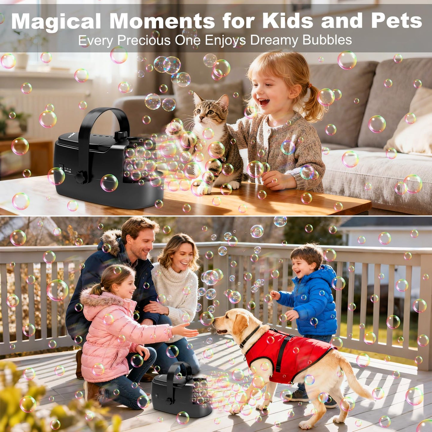 Bubble Machine Durable Automatic Bubble Blower, 18000+ Bubbles Per Minute Bubbles for Kids Toddlers Bubble Maker Operated by Plugin or Batteries Bubble Toys for Indoor Outdoor Birthday Party (Black)