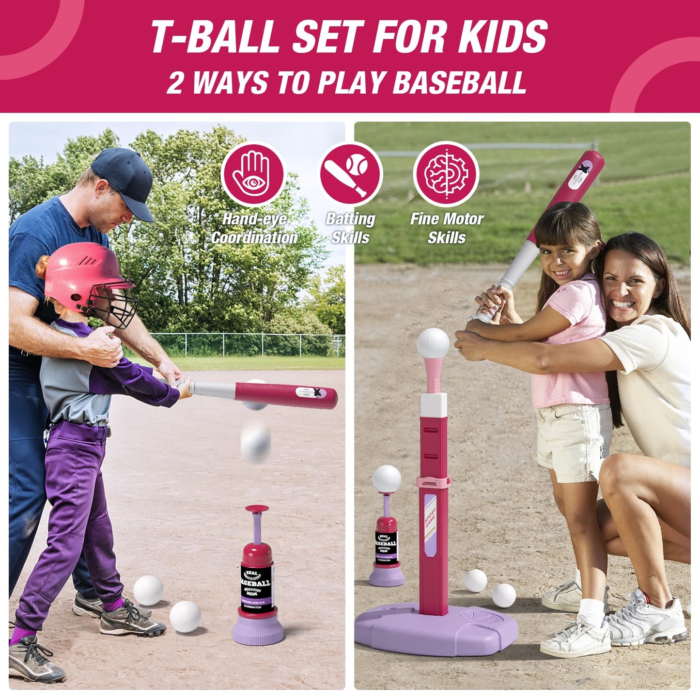 HYES 2 in 1 Kids Basketball Hoop and T Ball Set，White