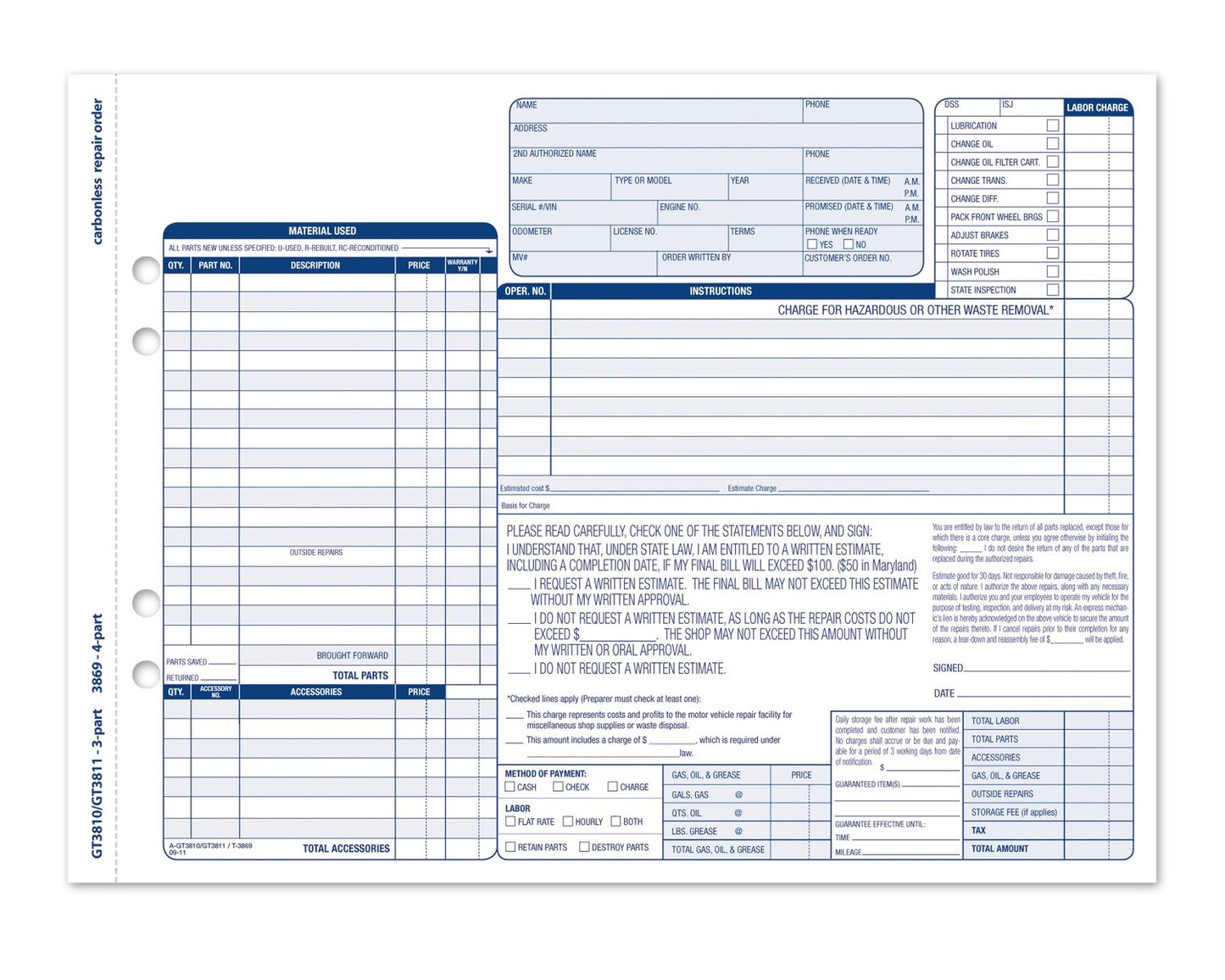 Adams Garage Repair Order Forms, 8.5 x 11 Inch, 3 Parts, 250-Count, White and Canary and White Tag (GT3811)