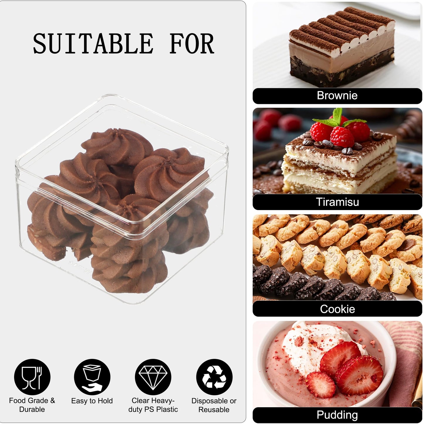 FZJ 50 Pack 15OZ Square Clear Plastic Dessert Cups with Lids and Stickers Disposable Fruit Cups for Dessert,Tiramisu container with lid,Cupcake,Parfait,Pudding,Iced Cold Drinks,Fruits,Bakeries