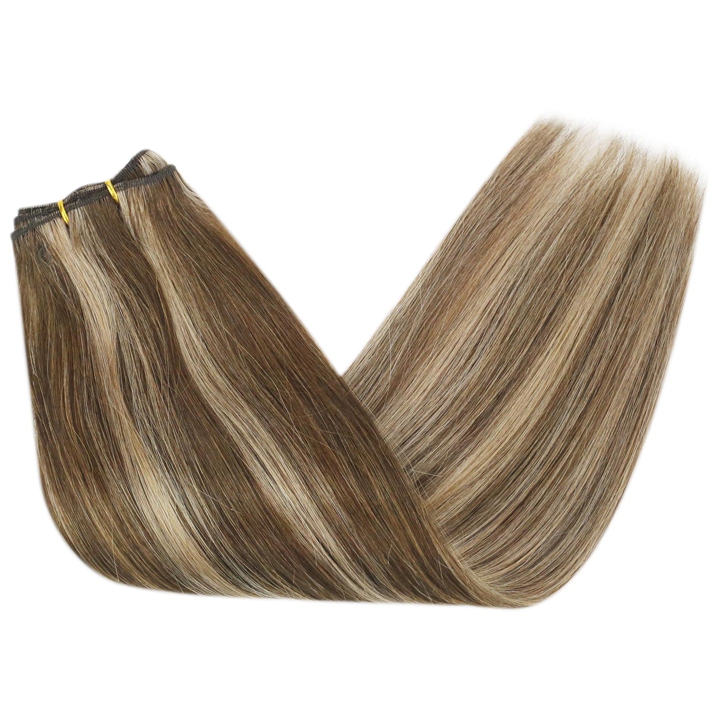 Sunny Weft Hair Extensions Dark Brown with Caramel Blonde Highlights Human Hair Sew in Extensions Brown Weft Hair Extensions Human Hair Brown Blonde Real Hair Bundle for Wedding 20inch 100g