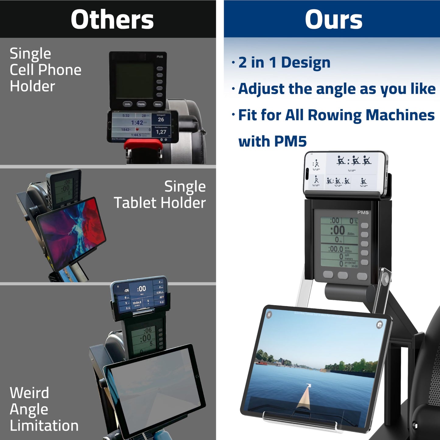 Phone & Tablet Holder Compatible with Concept 2 Rowing Machine & Skierg with PM5 Monitor, Phone & Tablet Mount, Rower Accessories, 2-in-1 Tablet Stand for Model D&E and Rowerg, Patent Pending