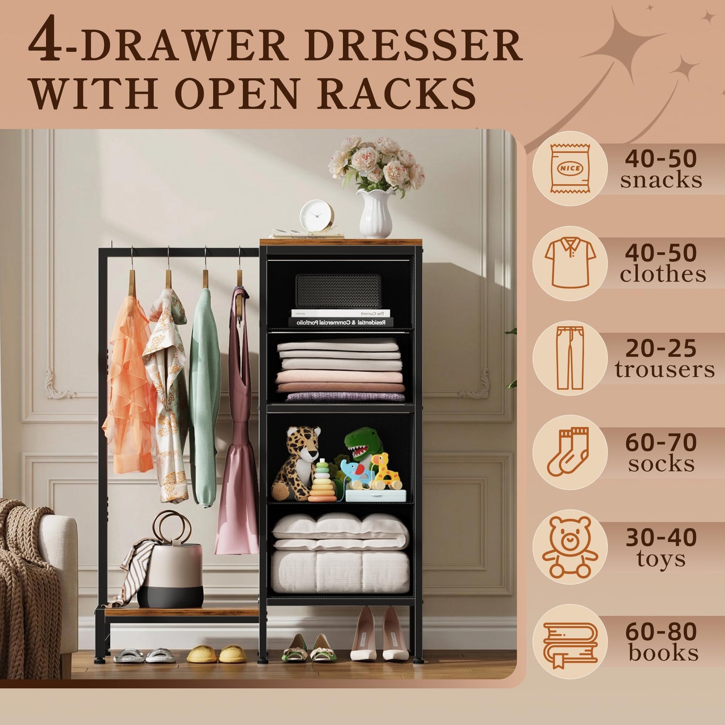 HIGDBFE Dresser with Hanging Rack, 4 Drawers Small Closet for Bedroom, Reversible Fabric Kids Chest of Drawers with Clothes Rack, Tall Storage Tower, Sturdy Frame, Rustic Brown, 44''H