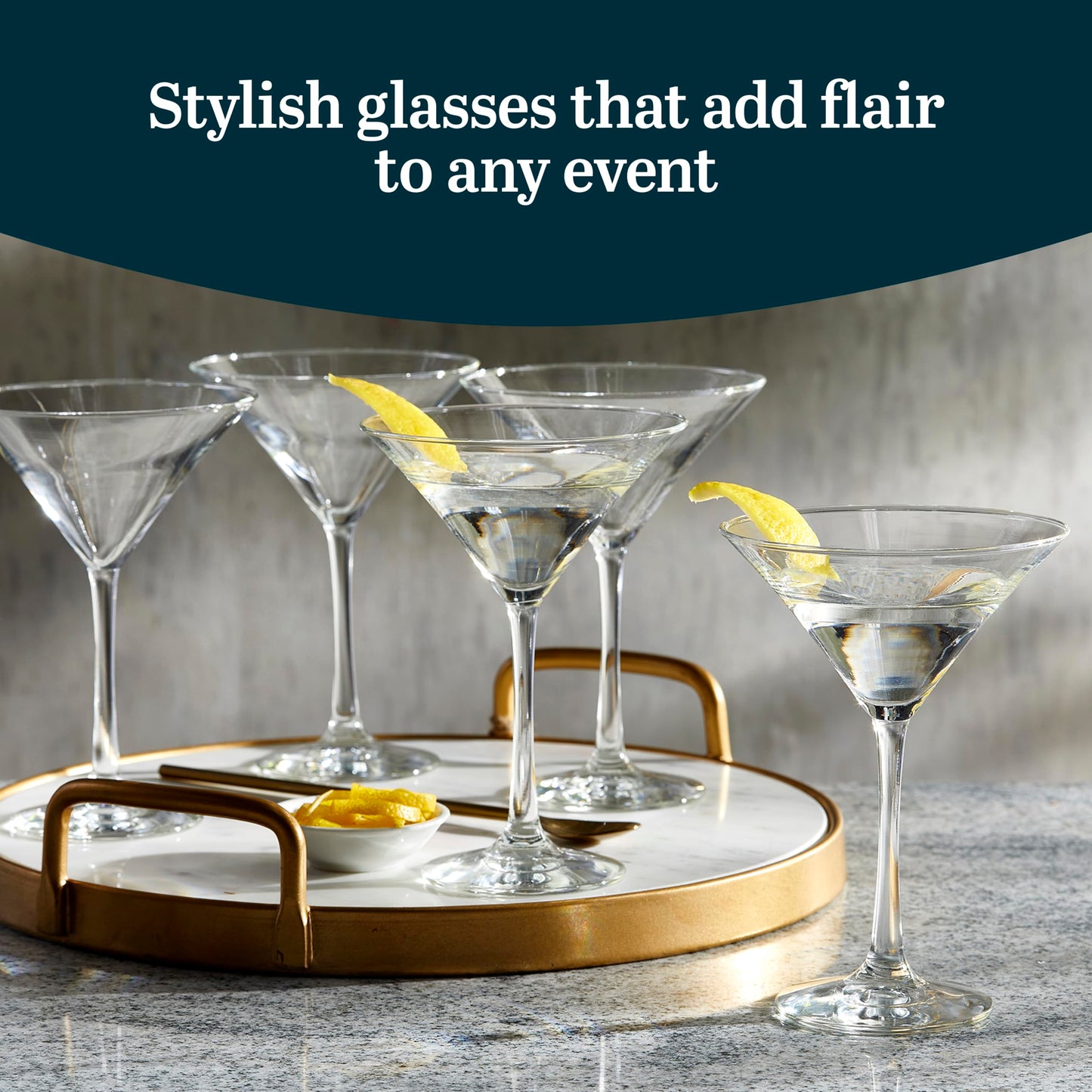 Libbey Entertaining Essentials Martini Glasses Set of 6, Tall, Slender, Triangular-Shaped Cocktail Glasses, Classic Martini Set for Wines, Cocktails